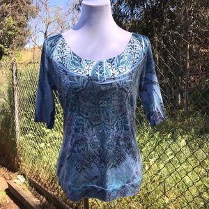 VINTAGE SUZI- Blue Boho Scoop-neck Top- Sz. Med